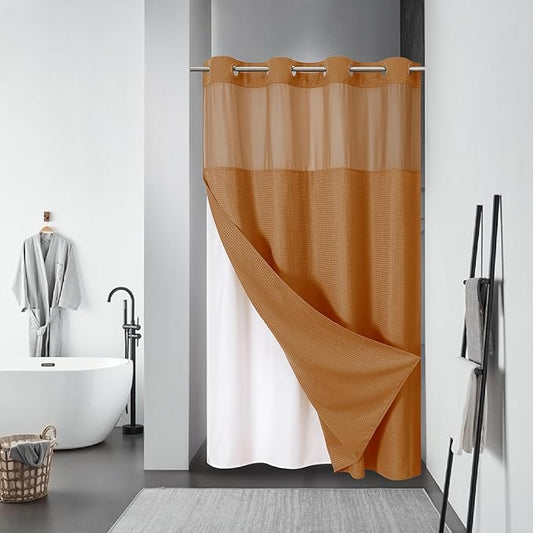 BurntOrange No Hook Waffle Weave Shower Curtain with snap-in Liner Replacement, 230GSM Waterproof Fabric Hotel Shower Curtain Set for Bathroom, Through Mesh Top Window,54Wx80H