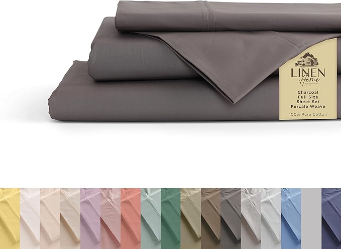 Linen Home 100% Cotton Percale Sheets Full Size, Charcoal, Deep Pocket, 4 Pieces Set - 1 Flat, 1 Deep Pocket Fitted Sheet and 2 Pillowcases, Crisp Cool and Strong Bed Linen