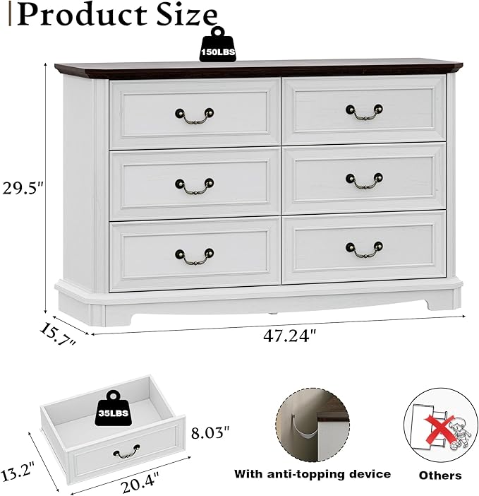 Farmhouse Dresser for Bedroom with 6 Drawer, 48" Wide Rustic Chest of Drawers with Metal Handle, Wood Vintage Dresser TV Stand, Wooden Closet Storage Dressers Organizer for Living Room, Hallway, White