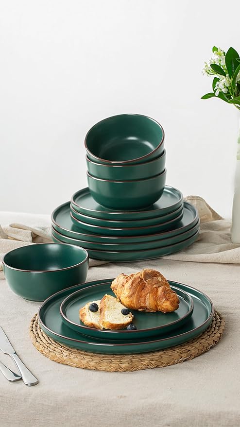 Famiware Mercury Plates and Bowls Sets, 12 Pieces Stoneware Dinnerware Sets, Dishes Set for 4, Microwave and Dishwasher Safe, Dark Green