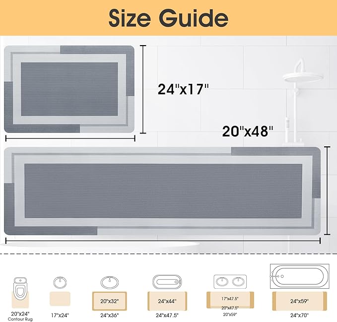 Ultra Thin Bath Mats Fit Under Door 2 piece, Upgrade Backing Non Slip Bath Mat, Quick Dry absorbent Bath Mat, Machine Washable Bathroom Rugs for Bathroom Floor, Bathtub, Kitchen, Grey, 24"x17"+48"x20"