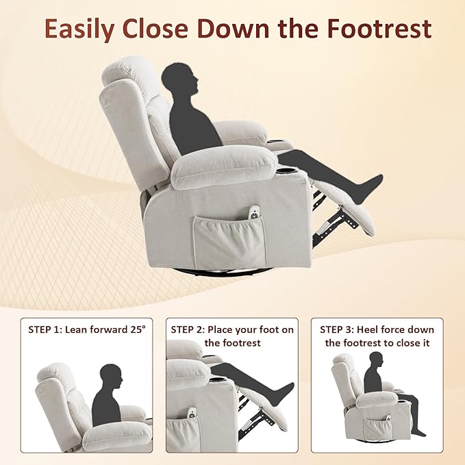 Overstuffed Rocker Recliner Chair with Massage and Heat, Mid Century Ergonomic Rocking Swivel Recliners Lounge Chair for Living Room, Manual Recliner Sofa Chairs with 2 Cup Holders, USB