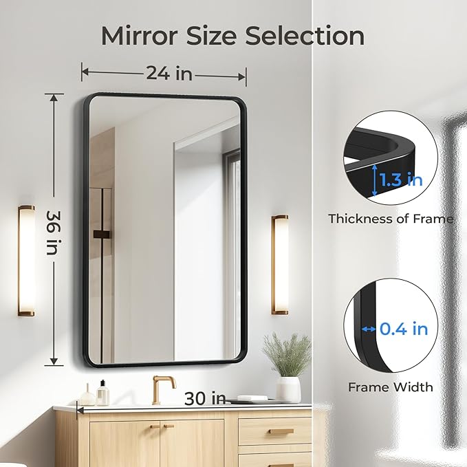 USHOWER Black Bathroom Mirror for Over Sink 24 x 36 Inch, Metal Frame Rectangle Vanity Mirror, Matte Black Modern Mirror for Wall