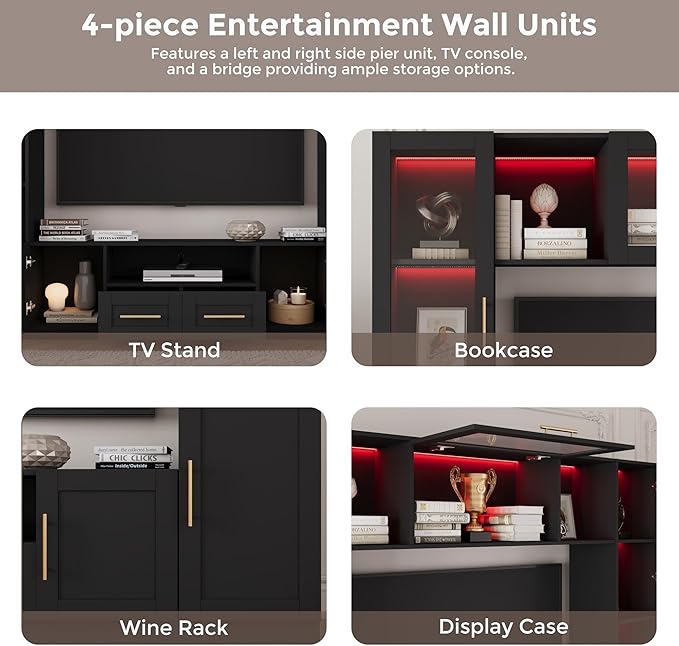 94" Wall Unit Entertainment Center for TVs up to 70", Modern TV Console with LED Lights, Multifunctional TV Stand with Tempered Glass Door, Drawers & Shelves for Living Room, Black