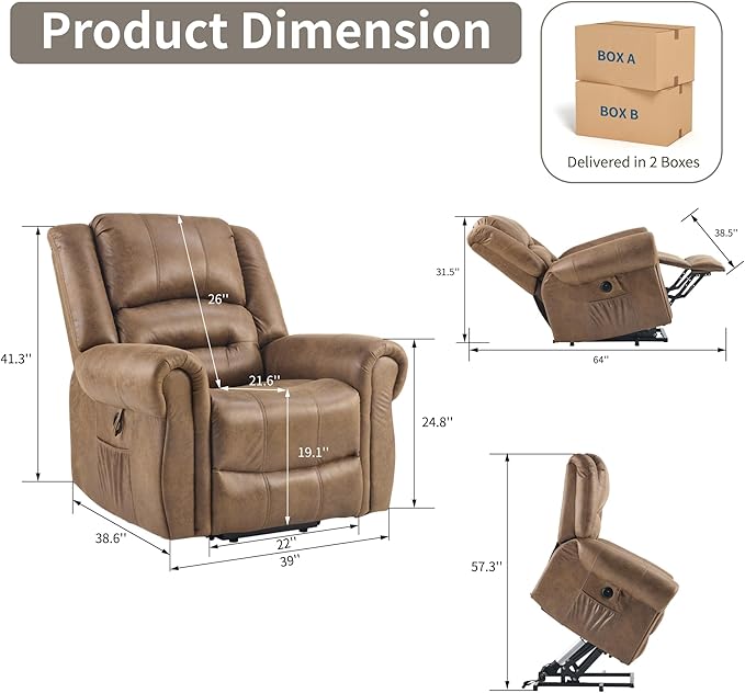 FLEXISPOT Power Lift Recliner Chair for Elderly with Massage & Heat, Faux Leather Electric Reclining Chair for Seniors with USB Ports, Cup Holders & Side Pockets(Medium Size,Camel Brown