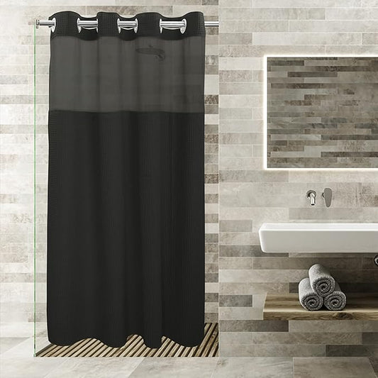 River Dream Black Fabric Shower Curtain Set, Cotton Blend, Waffle Weave, with Snap in Replacement Liner，54 x 80 inches