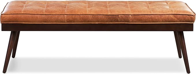POLY & BARK 55" Tufted Leather Bed Bench for Bedroom End of Bed - Living Room Entry Way Bench - Pure Italian Leather Upholstery with a Solid Wood Frame - Ottoman Bench with Wooden Legs - Cognac Tan