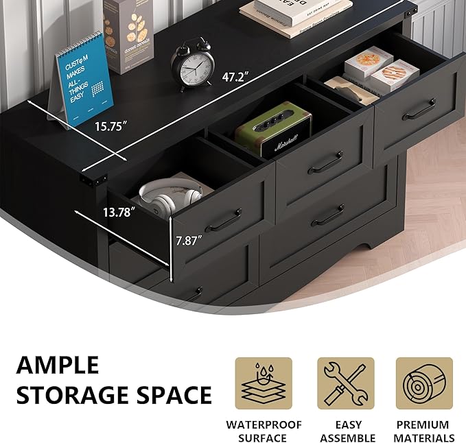 7-Drawer Dresser for Bedroom – 47" Wide Modern Wooden Chest with Natural Wood Texture, TV Stand & Storage, Metal Corner Brackets, Wood Drawer Organizer for Living Room, Hallway