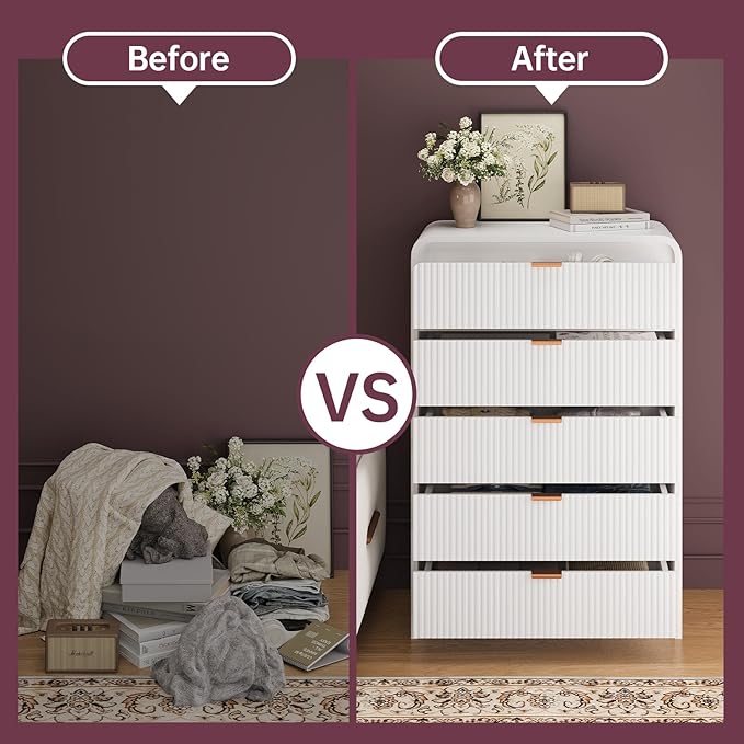 FURSUN Fluted 5 Drawers Dresser for Bedroom, 48" Tall Wooden Modern Dresser with Metal Handle, Curved Profile Design, Storage Organizer for Living Room, Hallway (White)