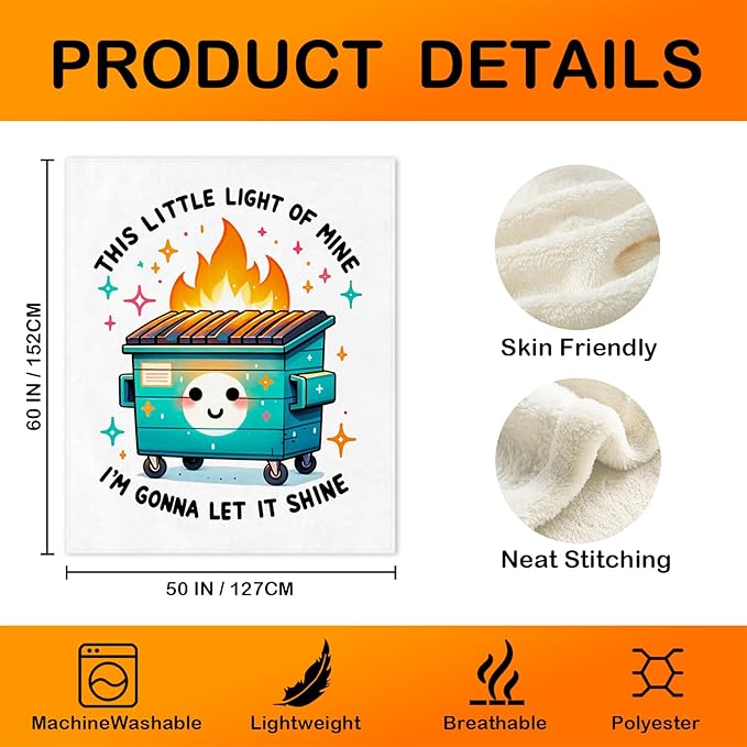 This Little Light of Mine Dumpster Fire Throw Blanket,Funny Humor Sarcastic Dumpster Fire Blanket for Couch Bed Dorm Bedroom Office,Funny Bedroom Office Decor,50x60 Inches