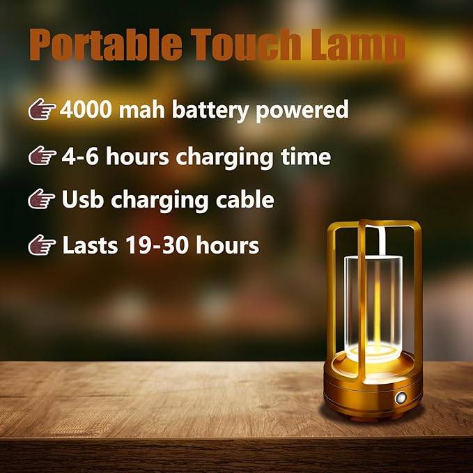 Portable Metal Table Lamp, 4000 mAh Rechargeable Outdoor Table Lamp Cordless, 3 Color Stepless Dimmable Atmosphere Table Lamps for Patio, Camping, Coffee table decor lamp for Indoor/Outdoor