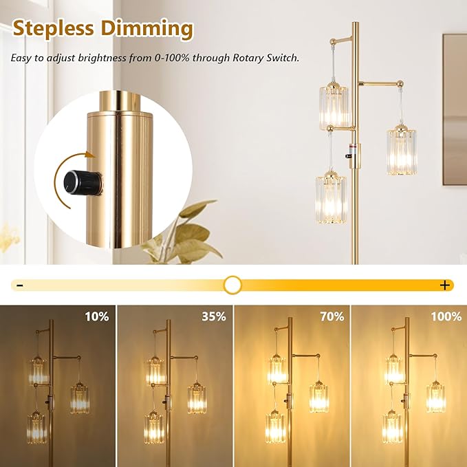Gold Crystal Floor Lamps for Living Room, Dimmable 3 Lights Modern Standing Lamp with Crystal Shade, Dimmer Switch, 65" Industrial Tall Tree Lamp, Vintage Brass Corner Lamp for Bedroom