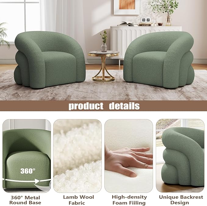 Swivel Accent Chair Set of 2,Upholstered Sherp Barrel Armchair 362° Round Modern Boucle Chair No Assembly for Living Room,Comfy Single Sofa Chairs for Bedroom(Green)