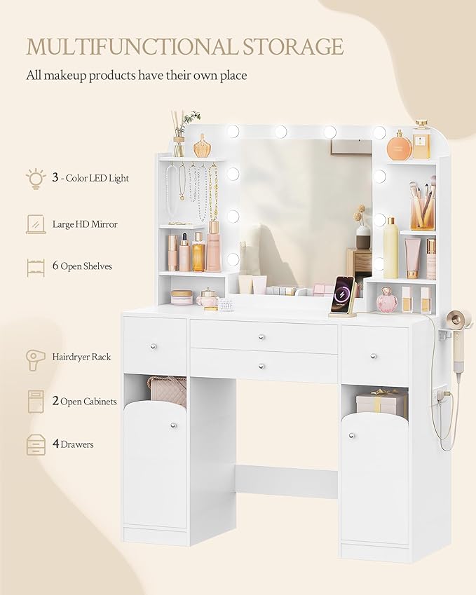 Vanity Desk with HD Mirror and Led Light, Makeup Vanity with Power Strip, Dressing Table with 4 Drawers, 42.5'' Large Tabletop, 2 Open Storage Cabinets, with Jewelry Storage, White