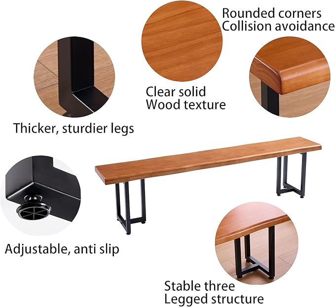 Durable Solid Wood Top Bench with Metal Triangular Legs – Stylish Long Dining Bench for Home, Office, Restaurant & Patio Chair (Wooden Brown Bench, 62.99in)