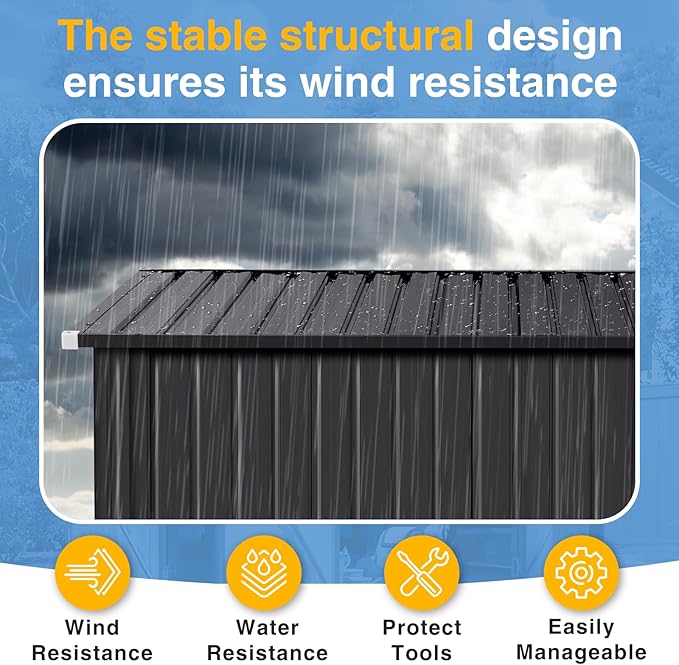 8'x12' Shed Galvanized Steel Storage Sheds with Triple Doors Utility Sheds for Vertical Storage, Dual Lock Lean to Shed with Sloped Roof for Mower, Bike, Garden Tools (Black)