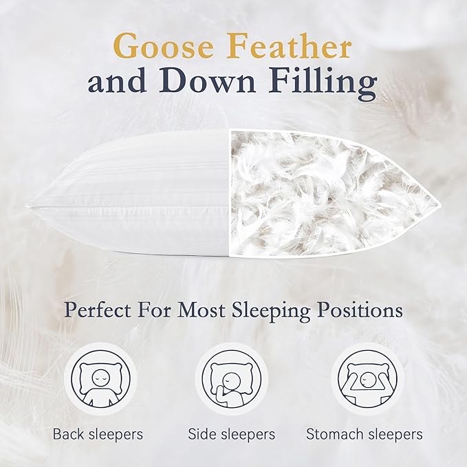 puredown® Goose Feather Down Pillows, Luxury Hotel Collection Bed Pillows for Sleeping Set of 2, 100% Cotton Cover with Silver Stripe, Standard Size