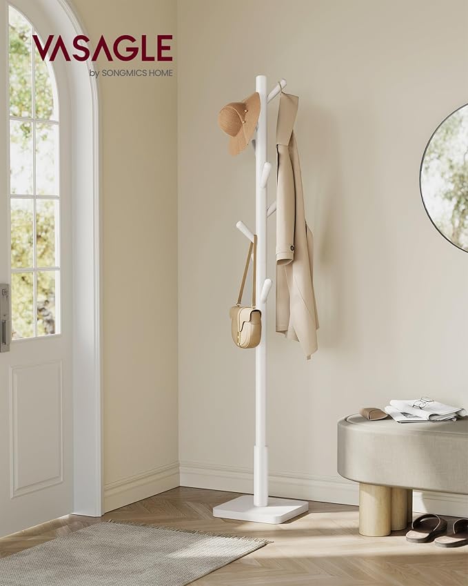 VASAGLE Solid Wood Coat Rack, Free Standing Hall Coat Tree with 8 Hooks, 3 Height Options, for Coats, Hats, Bags, Purses, for Entryway, Hallway, Rubberwood Hooks and Pole, Cloud White URCR010W02