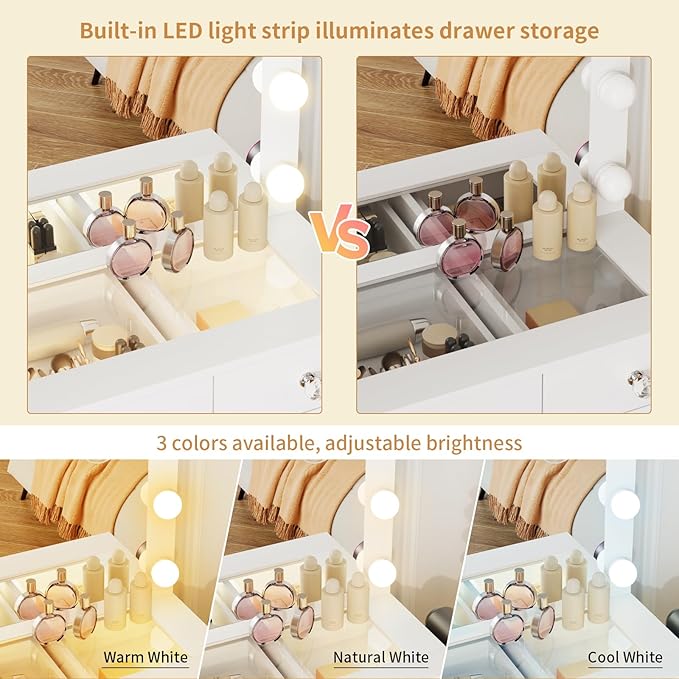 VOWNER Vanity with Lighted Mirror - Makeup Vanity Desk with Glass Top and 11 Drawers, 3 Color Lighting Modes Adjustable Brightness, 46" Vanity Table with Soft Cushioned Stool for Bedroom, White
