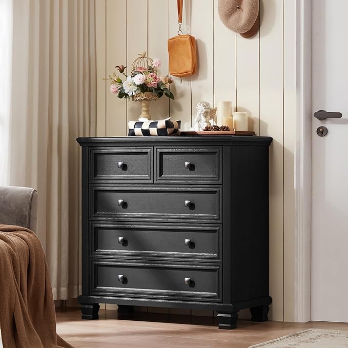Farmhouse 5 Drawer Dresser for Bedroom, 32.6 Inch Tall Vintage Wood Chest of Drawers, Rustic Small Dressers w/Square Solid Wooden Legs, Mid-Century Storage Organizer for Living Room, Black