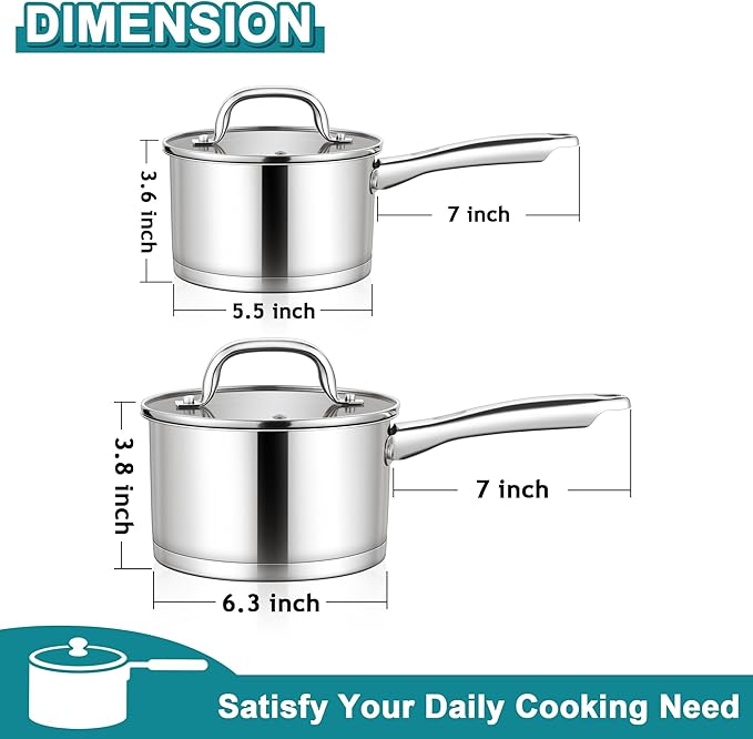 E-far Stainless Steel Saucepan with Lid Set - 1QT & 2QT, Triply Sauce Pan Induction Pot for Cooking, Boiling, Compatible with All Stoves, Visible Lid, Healthy & Non Toxic, Oven & Dishwasher Safe