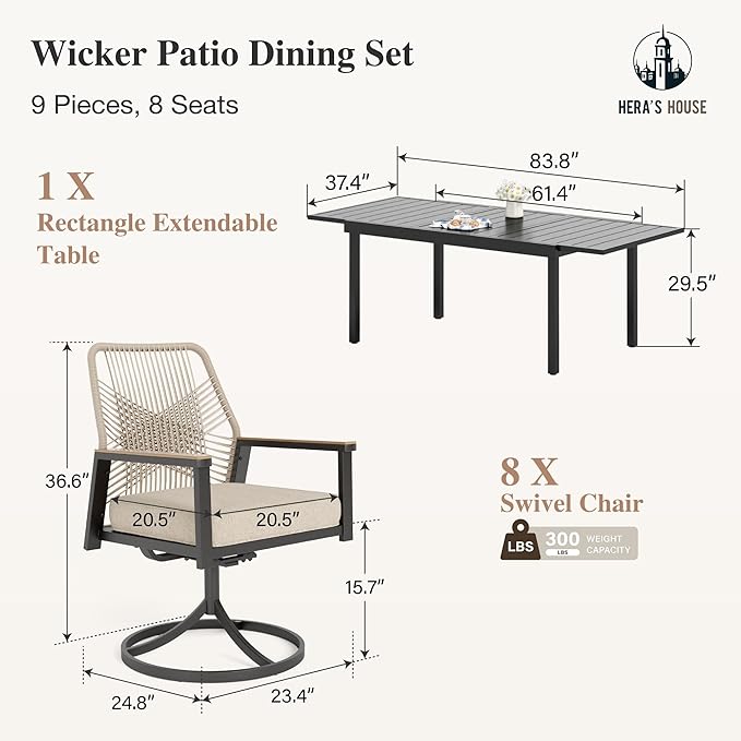 HERA'S HOUSE 9 Pieces Patio Table and Chairs Set, Outdoor Dining Set for 8, 8 x Cushioned Swivel Chairs and 1 x Extendable Dining Table, Patio Dining Set for Lawn Garden Backyard
