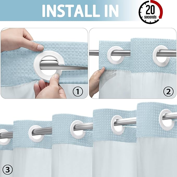 YellyHommy No Hook Shower Curtain with Snap in Liner Set Less Time Aqua Blue Waffle Shower Curtain for Bathroom 75" L x 72" W