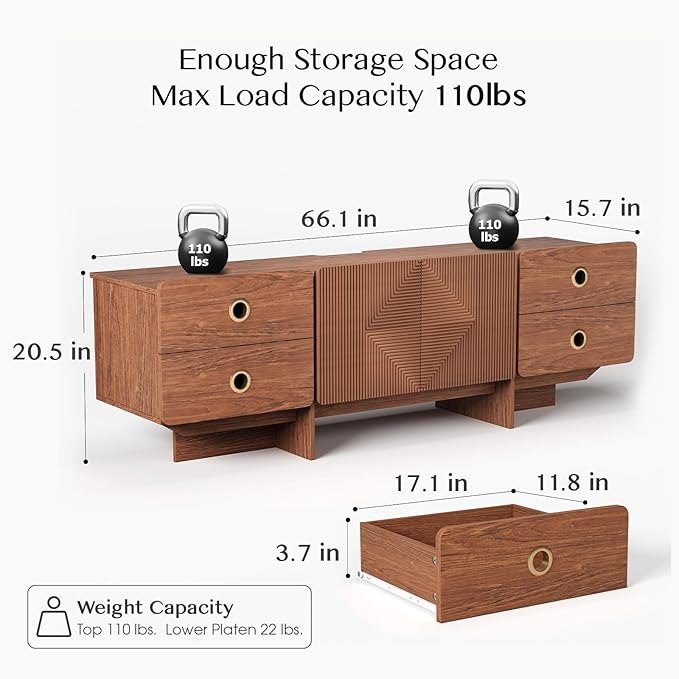 66" Fluted TV Stands for Living Room, Mid Century Modern TV Consoles for 75 inch TV, Entertainment Center with Storage, Media Console with Adjustment Shelf(Cherry)