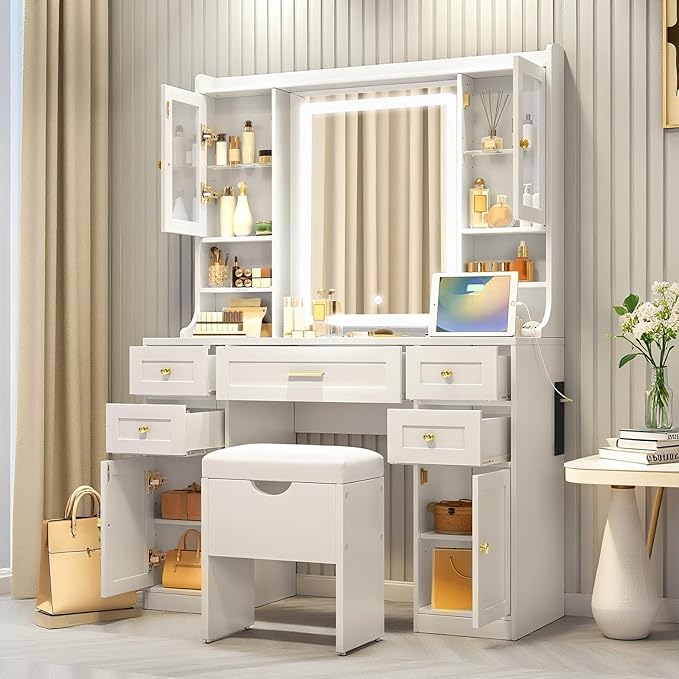 Saiveina 41.4" Makeup Vanity Desk with Mirror and Lights, Dressing Table with 4 Cabinets, 5 Drawers, Power Outlets and Cushioned Storage Stool, 3 Lighting Modes Vanity Table for Bedroom(White)