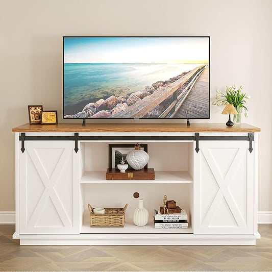 Modern Farmhouse TV Stand for Televisions up to 65’’, Entertainment Center with Storage Cabinets and Sliding Barn Doors, Media TV Consoles for Living Room, Bedroom, White