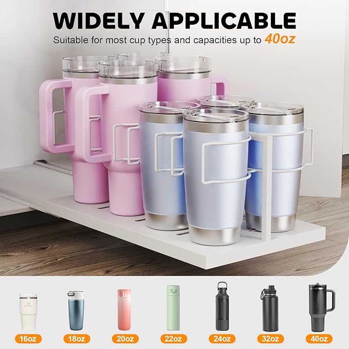 Pull Out Stanley Cup 0rganizer, Tumbler Organizer for Cabinets, Stainless Steel Water Bottle Organizer for 16 to 40oz Cup, White