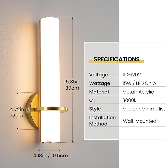Wall Sconces - 15 inch Gold Wall Sconces Set of Two Modern Bathroom Sconce 15W Dimmable LED Wall Sconce Light with Acrylic Lampshade, Bathroom Vanity Light for Mirror Living Room Hallway 3000K