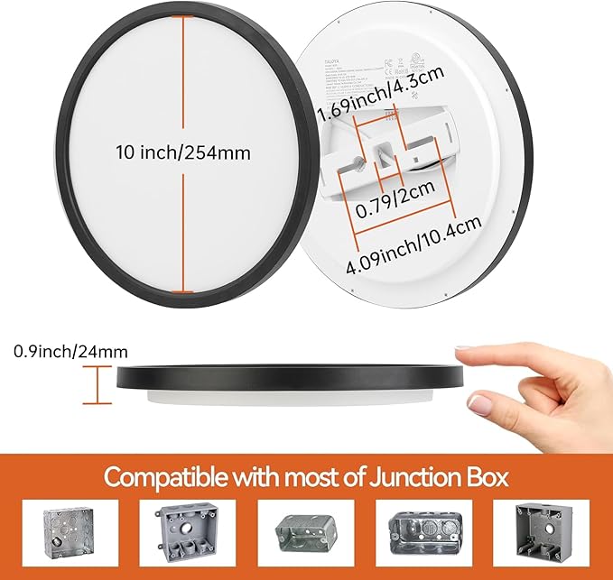 TALOYA 10 Inch Black LED Ceiling Light Fixture Flush Mount, 5-in-1 CCT Selectable (3000K/3500K/4000K/5000K/6500K), 2000LM 0.94inch Thickness Low Profile Surface Mounted Light Fixture for Hallway