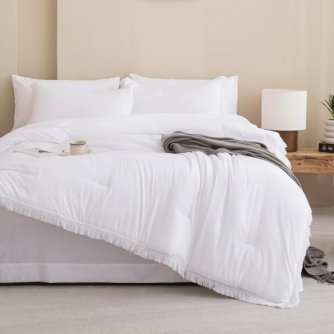 Andency California King Size Comforter Set with Sheets White - 7 Pieces Cal King in a Bag Boho Bedding Sets, White Fringe Bed Set with Comforter, Sheets, Pillowcases & Shams