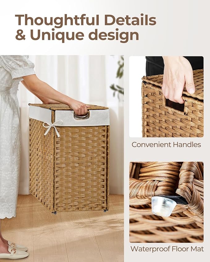 Greenstell Laundry Hamper with lid, No Install Needed, 130L Wicker Laundry Baskets Foldable 2 Removable Liner Bags, 2 Section Clothes Hamper Handwoven Rattan Laundry Basket with Handles, Natural