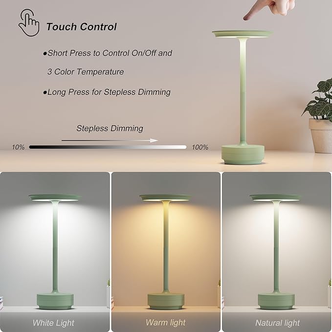 2 Pack Rechargeable Table Lamps Cordless, Portable 5000mAh Outdoor Table Light, 3 Color Stepless Dimming LED Table Lamp with Memory Function, for Home/Dinner/Patio/Restaurant.(Light Green)