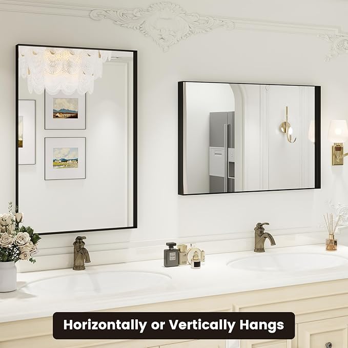 Black Bathroom Vanity Mirror 24x36 Inch, Rectangle Matte Black Mirror for Bathroom, Square Corner, Tempered Glass, Bedroom, Living Room, Entryway, Wall Mounted(Vertical/Horizontal)