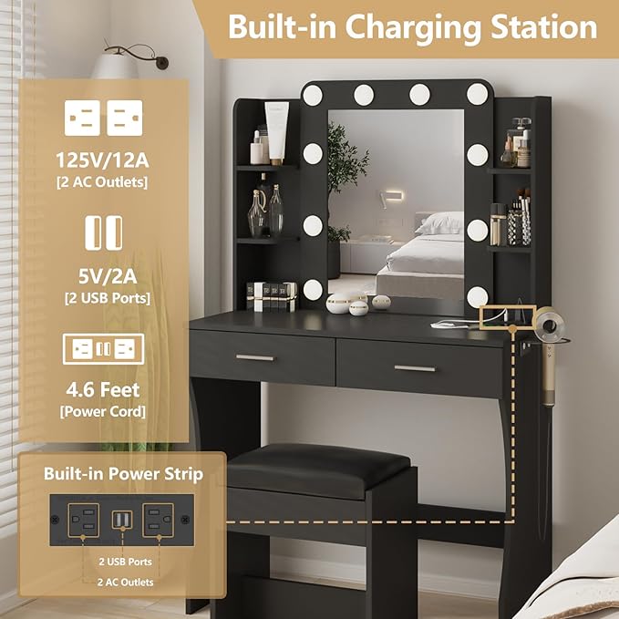 Vabches Vanity Desk with Lights,Makeup Vanity with Power Strip,Dressing Table Set with 2 Large Drawers,Vanity Mirror 3 Lighting Color Adjustable,Black