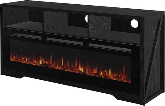 CharaVector 63" TV Stand for 60" Electric Fireplace, Entertainment Center with Power Outlets for 65+ inch TV，Black TV Cabinet with 3 Open Storage Cabinets, TV Console for Living Room (ONLY TV Stand)