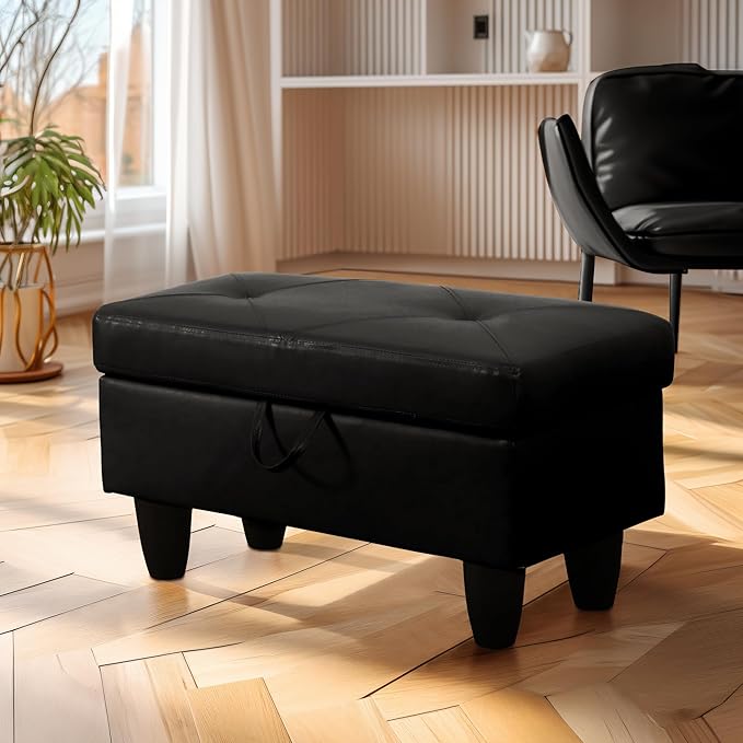 Ottoman Rectangular Storage Ottoman Bench, Faux Leather Footrest, Coffee Table, Stool Footstool with Hinged Lid for Living Room, Bedroom, Entryway, Black, 28.5"x19"x17.5"