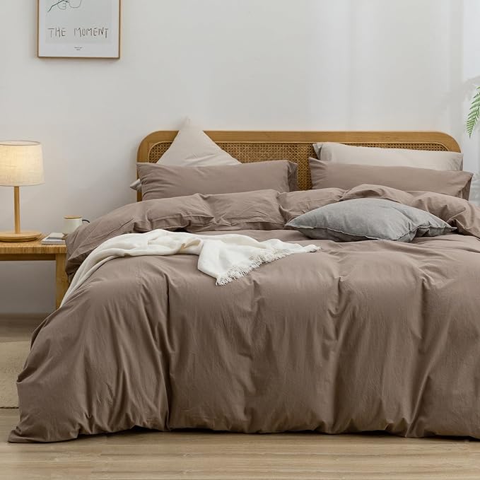 BESTOUCH Duvet Cover Set 100% Washed Cotton Linen Feel Super Soft Comfortable Chic Lightweight 3 PCs Home Bedding Set Solid Pine Bark Brown Queen
