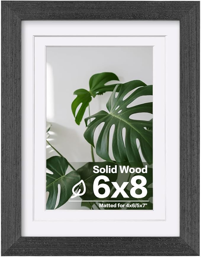 Egofine 6x8 Picture Frame Made of Solid Wood with Plexiglass, Display Pictures 4x6/5x7 with Mat or 6x8 Without Mat for Tabletop and Wall Mounting, Rustic Black