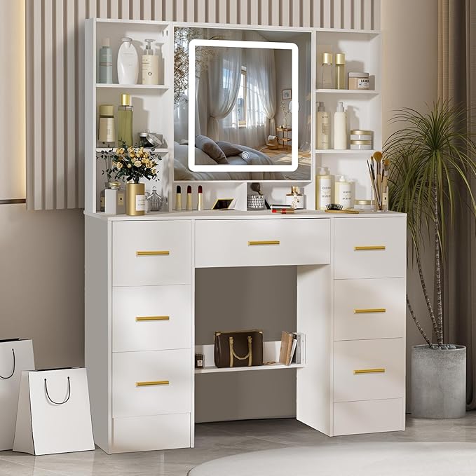 Vanity Desk with Mirror and 3 Color LED Light, Large Tabletop 7 Drawers, 8 Open Storage Shelves, 2 Hiding Shelves Makeup Table, Vanity Dressing Table for Girls and Women,100 * 40 * 140cm