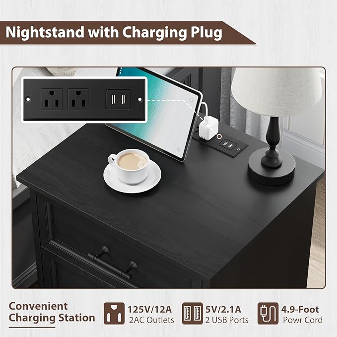 Farmhouse Nightstand with Charging Station, 19.7" End Table with 3 Drawers Storage, Black Wooden Night Stand, Bed Side Table with Unique Base Design, 3 Drawer Dresser for Bedroom, Living Room