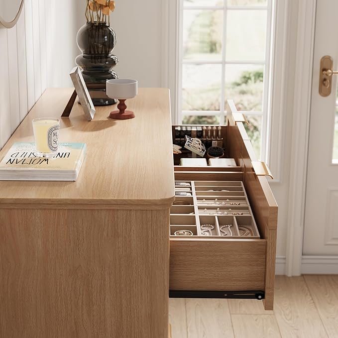 LINSY HOME Rattan Dresser for Bedroom with 9 Drawers, 58" Wide Chest of Drawers, Mid Century Modern Dresser TV Stand with Metal Handle, Wood Closet Storage Cabinet for Living Room, Hallway, Oak