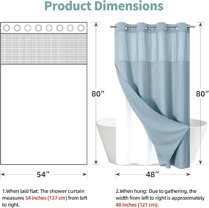 Teal No Hook Waffle Weave Shower Curtain with snap-in Liner Replacement, 230GSM Waterproof Fabric Hotel Shower Curtain Set for Bathroom, Through Mesh Top Window,54Wx80H