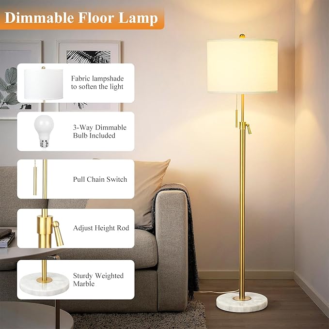 Modern Floor Lamp for Living Room, Adjustable Height Standing Lamp with Marble Base, 3-Way Dimmable Gold Brass Tall Pole Light with White Linen Shade for Reading, Bedroom, Chain Switch, Bulb Included