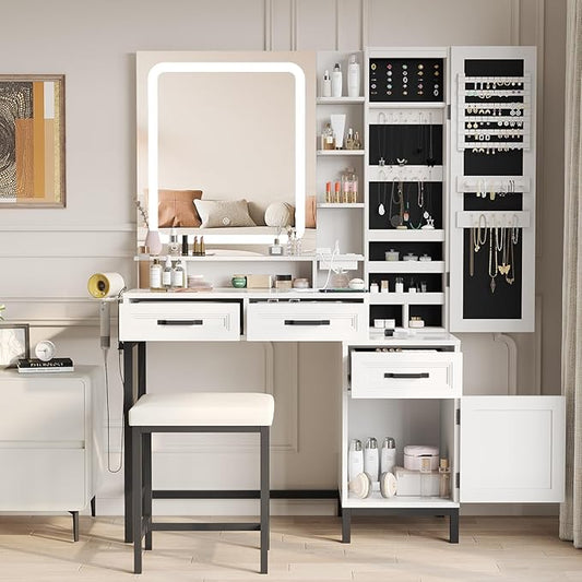 Maupvit Vanity Desk with HD LED Mirror,White Vanity with Large Jewelry Cabinet,Lots Storage Shelves,3 Drawers & Cabinets,Makeup Desk with Charging Station,3 Lighting Modes, Brightness Adjustable