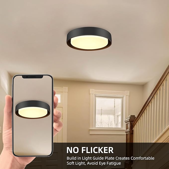 Hlite 13 inch Ceiling Light Fixture,Modern LED Flush Mount Ceiling Light,3000K/Warm White/24W,Dimmable 1920LM Rustic Indoor Room Decorative Ceiling Lights for Bedroom Kitchen, Black(1 Pack)