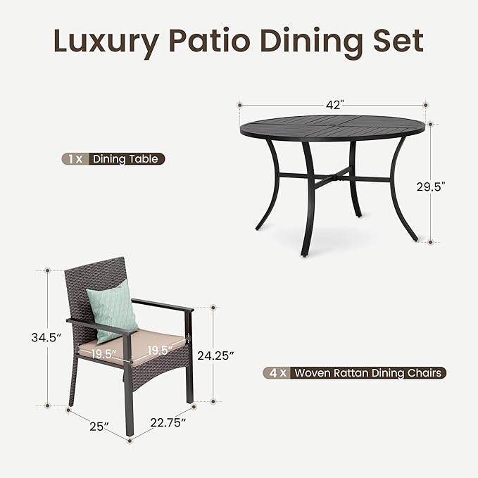 PHI VILLA 5 Piece Outdoor Dining Table Set for 4, 42” Round Steel Dining Table with Umbrella Hole & 4 Metal-Frame Wicker Chairs for Patio, Deck, Yard, Porch